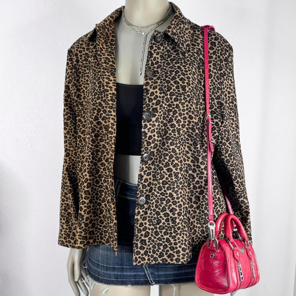 VINT Y2K 90 Lepord Animal Print Micro Suede Shirt Lightweight Jacket Button 1X